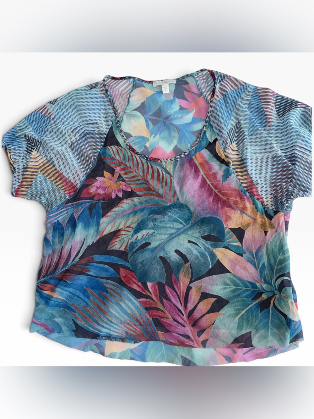 Weston Wear Tropical Leaf Print Women's Top in Blue and Pink